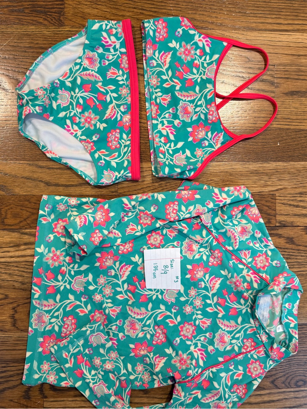 Mini Boden Teal Floral Three-Piece Swim Set with Pink Trim